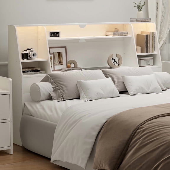 Someet Queen Headboard with Storage, Boookcase Headboards with Charging Station & Light, Height Adjustable, Sturdy and Durable for Queen Size Bed, White