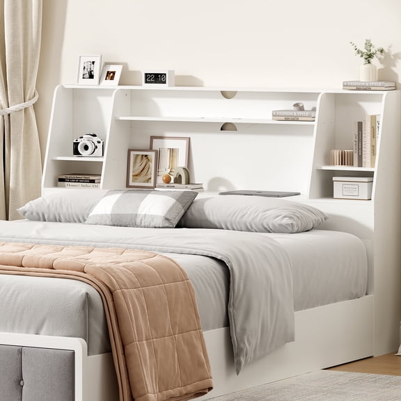 Someet Queen Headboard with Storage, Bookcase Headboards with 2 USB & 2 Type-C Port & Power Outlets & LED Light, Durable and Sturdy, White