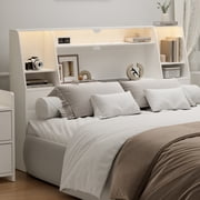 Someet Queen Headboard with Storage, Bookcase Headboards with 2 USB & 2 Type-C Port & Power Outlets & LED Light, Durable and Sturdy, White