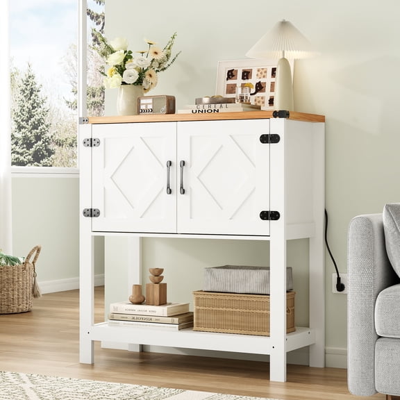 Someet Console Table with Door for Entryway Living Room, Sofa Table with Open Storage Shelf, Entryway Table with Power Outlets and USB Port, Natural