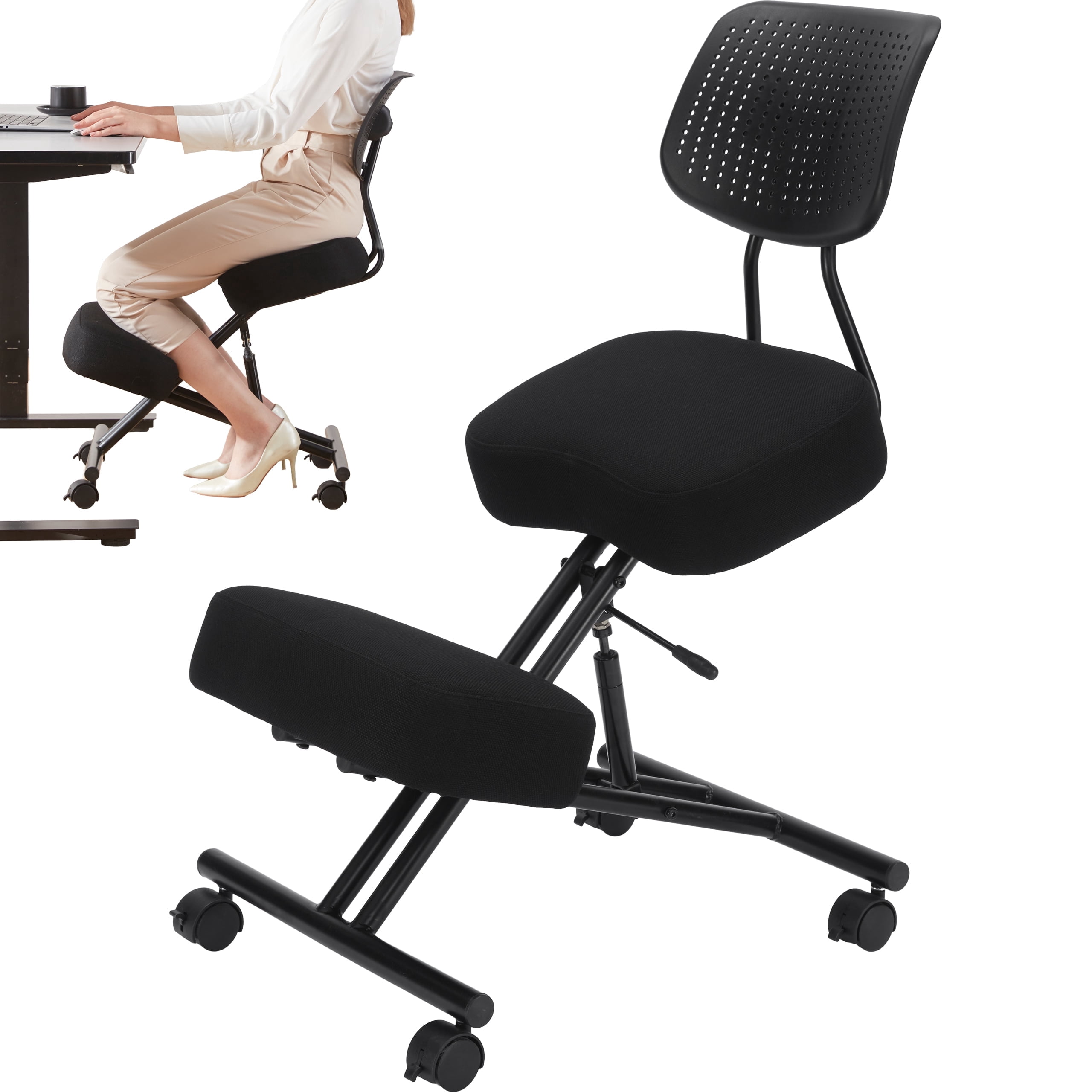 Someet Kneeling Chairs with Backrest Linen Ergonomic Home Office Chair Adjustable Height Seat Rolling Wheels Comfort Thick Cushion Work Stool Improve Posture Chair