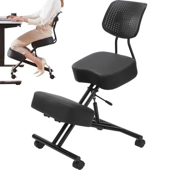Someet Adult Ergonomic Kneeling Chair with Back Support, Rolling Height Adjustable Desk Chair for Home Office, PU Black