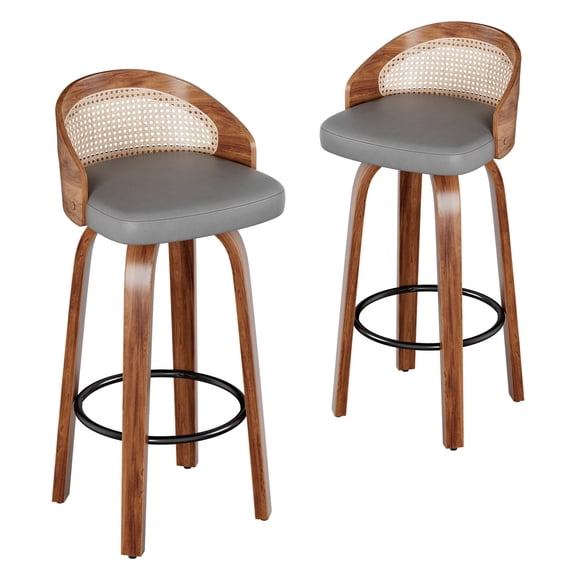 Someet Indoor Wood Bar Stools Set of 2 with PU Upholstery Seat, Curved Rattan Back for Dining Room, Kitchen, Gray