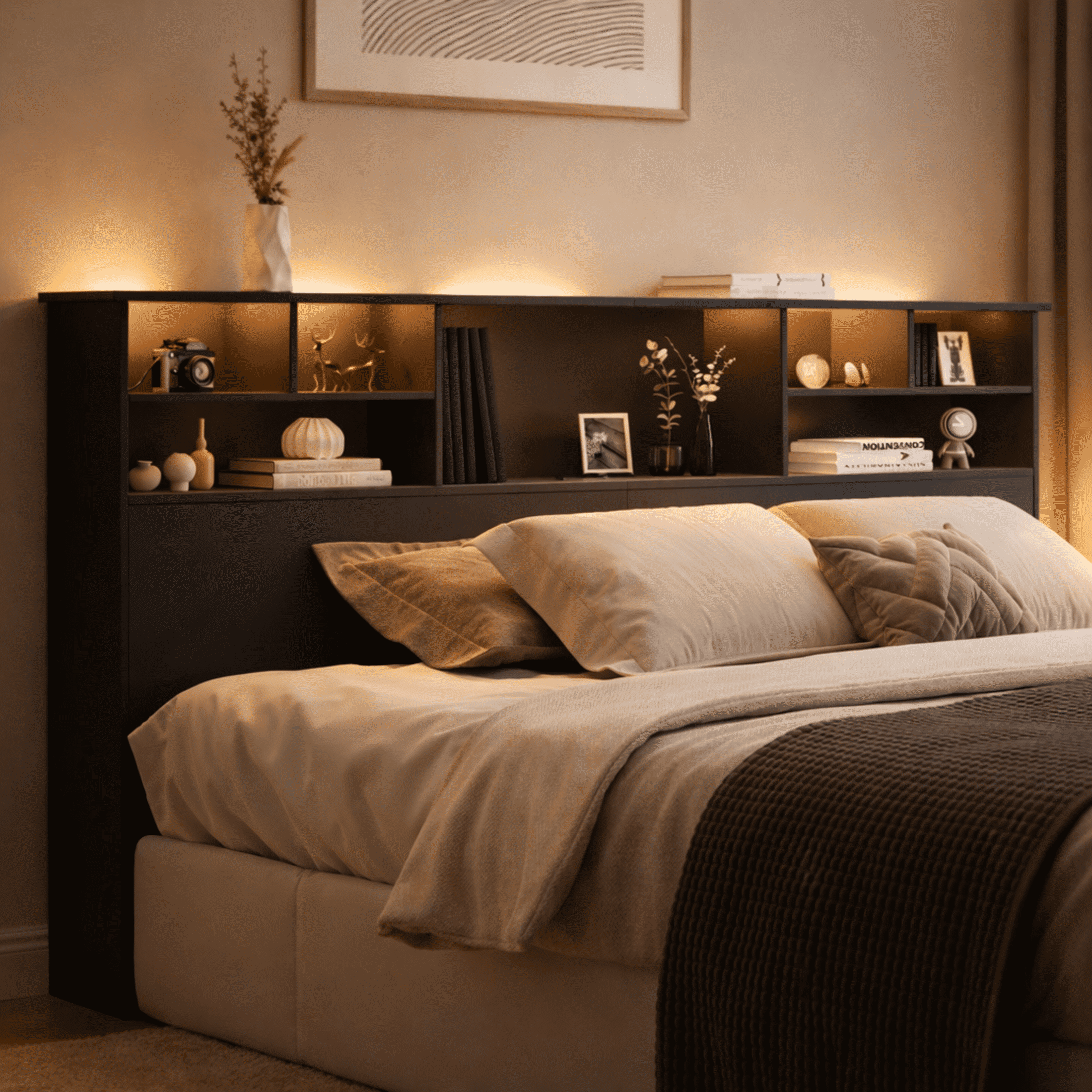 Someet Headboard for King Size with Storage, Bookcase Headboards with USB & Type-C Port & Power Outlets & 2 LED Lights, Durable and Sturdy, Black