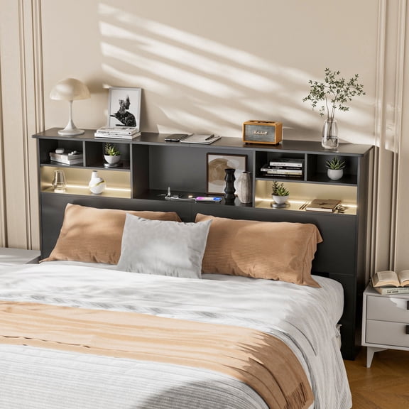 Someet Headboard for King Size with Storage, Bookcase Headboards with USB & Type-C Port & Power Outlets & 2 LED Lights, Durable and Sturdy, Black