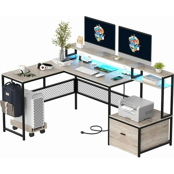 Someet L-Shaped Office Desk with Power Outlets and Cabinet, Modern Simple Style 66" Computer Desk with Monitor Stand, Gray