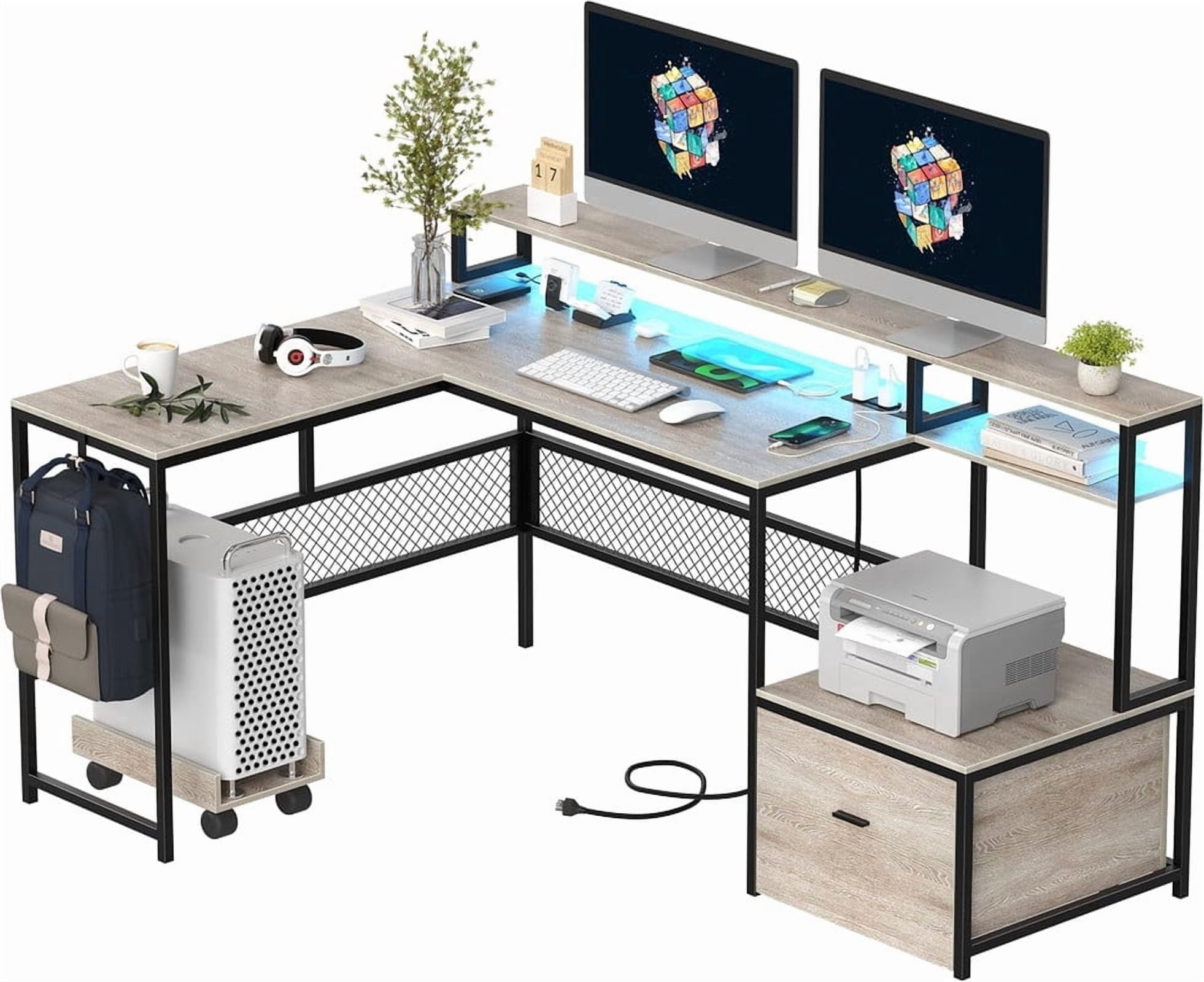 Someet L-Shaped Office Desk with Power Outlets and Lockers, Modern Simple Style 66" Computer Desk with Monitor Stand, Gray