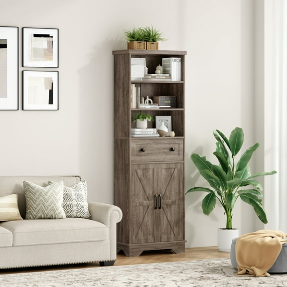 Someet Modern 71" Tall Bookcases with 2 Doors and 1 Large Drawers, 3 Tier Open Shelf Wooden Storage Bookshelf for Living Room Office, Gray