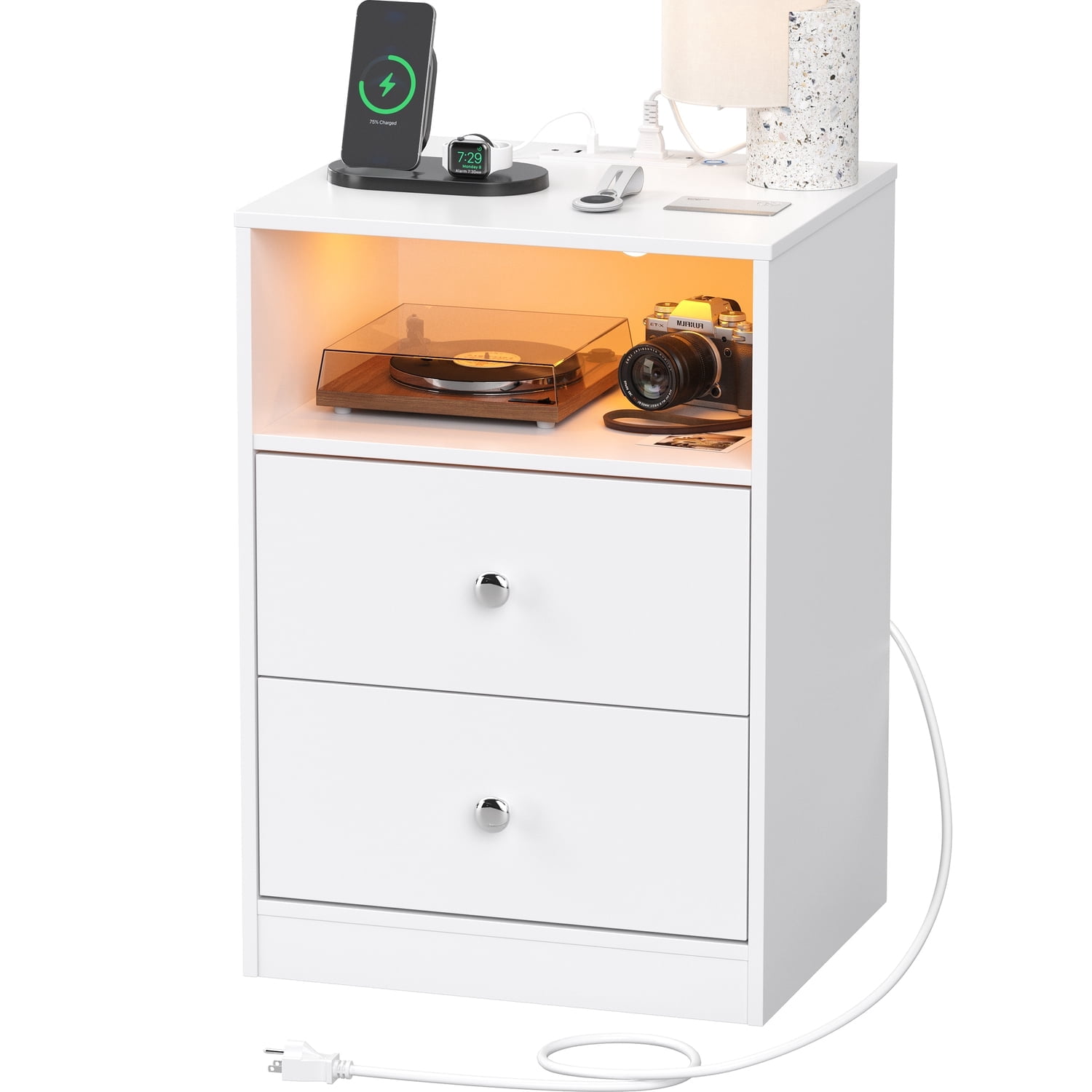 Someet Modern Nightstand with 2 Drawers, 2 USB Ports & Outlets, Nightstand for Bedroom, White