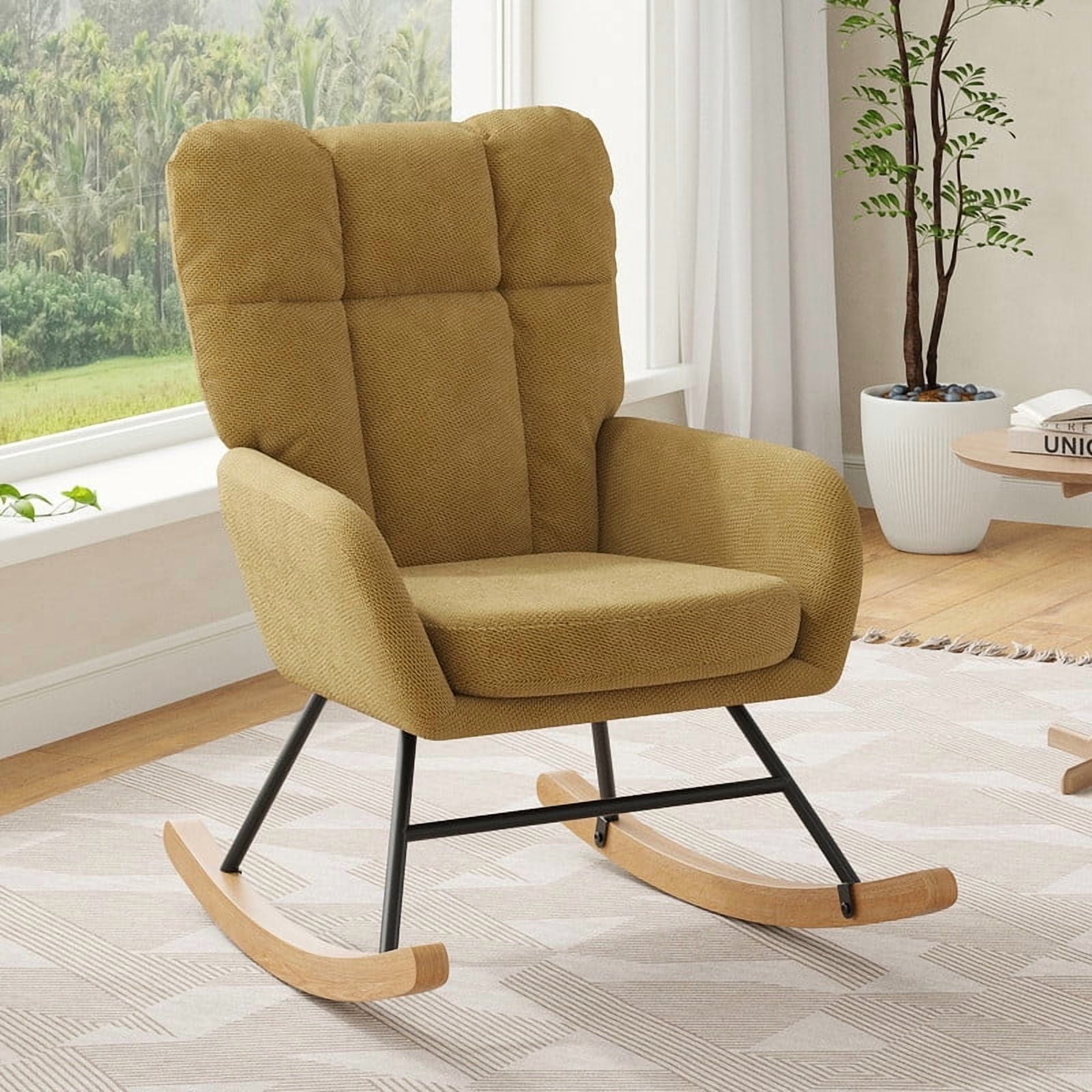 Someet Nursery Rocking Chair, Upholstered Rocking Accent Chair with High Backrest, Comfortable Rocker with Padded Seat for Living Rooms, Bedrooms, Offices, Yellow