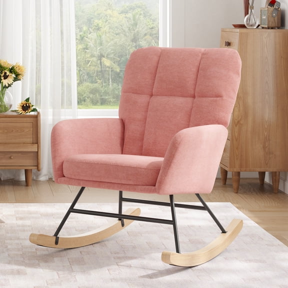 Someet Nursery Rocking Chair, Upholstered Rocking Accent Chair with High Backrest, Comfortable Rocker with Padded Seat for Living Rooms, Bedrooms, Offices, Pink