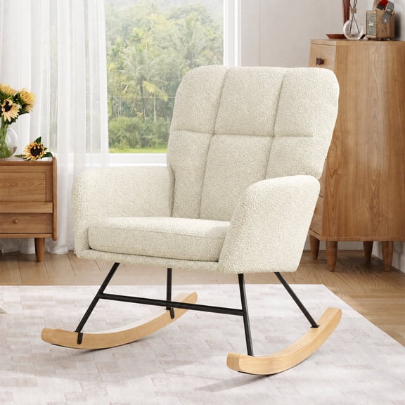 Someet Modern Nursery Rocking Chair, Upholstered Accent Chair with Padded Seat, Beige Teddy