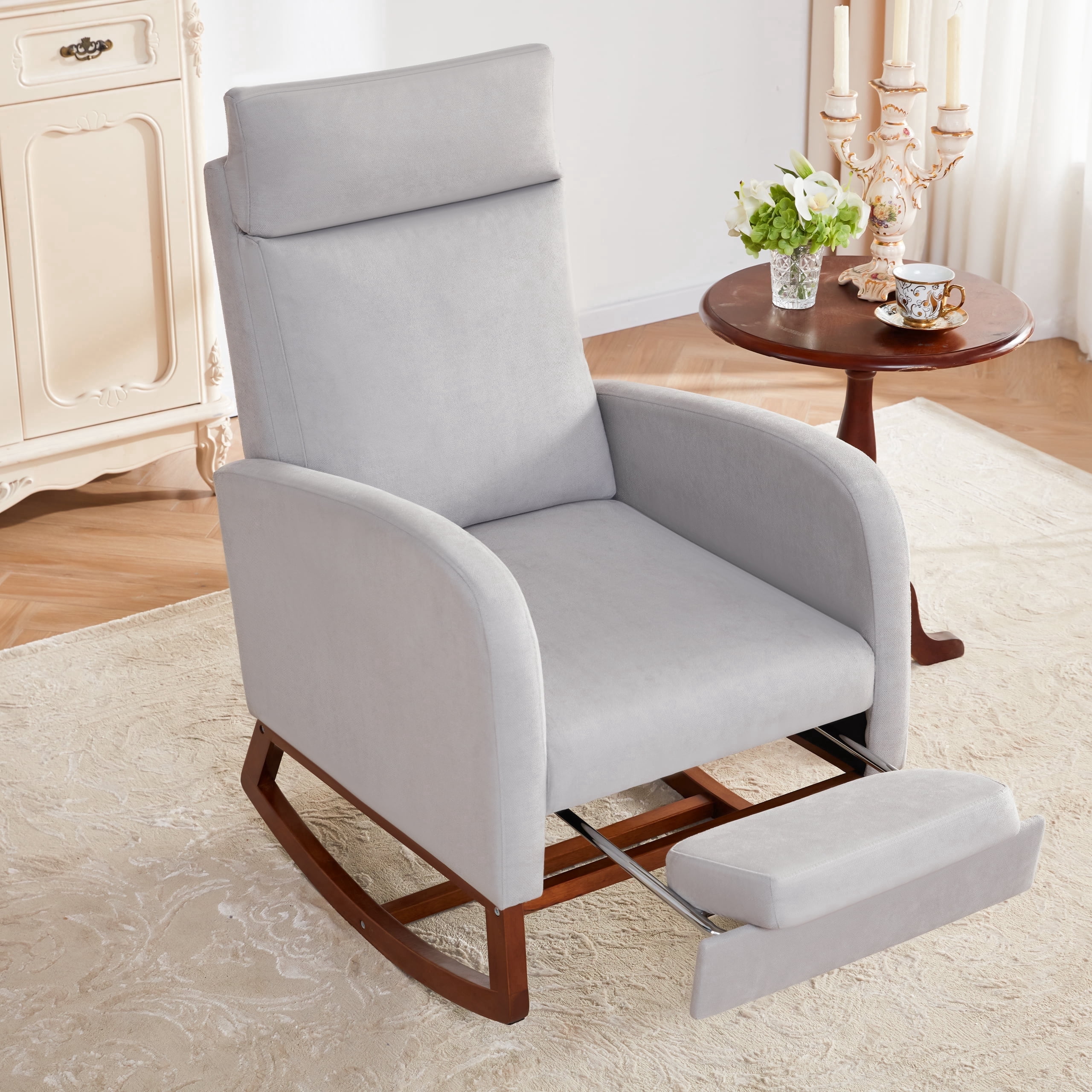 Someet Nursery Rocking Chair with Footrest,Linen Material Rocker Armchair with High Backrest and Pillow for Bedroom Living Room,Gray