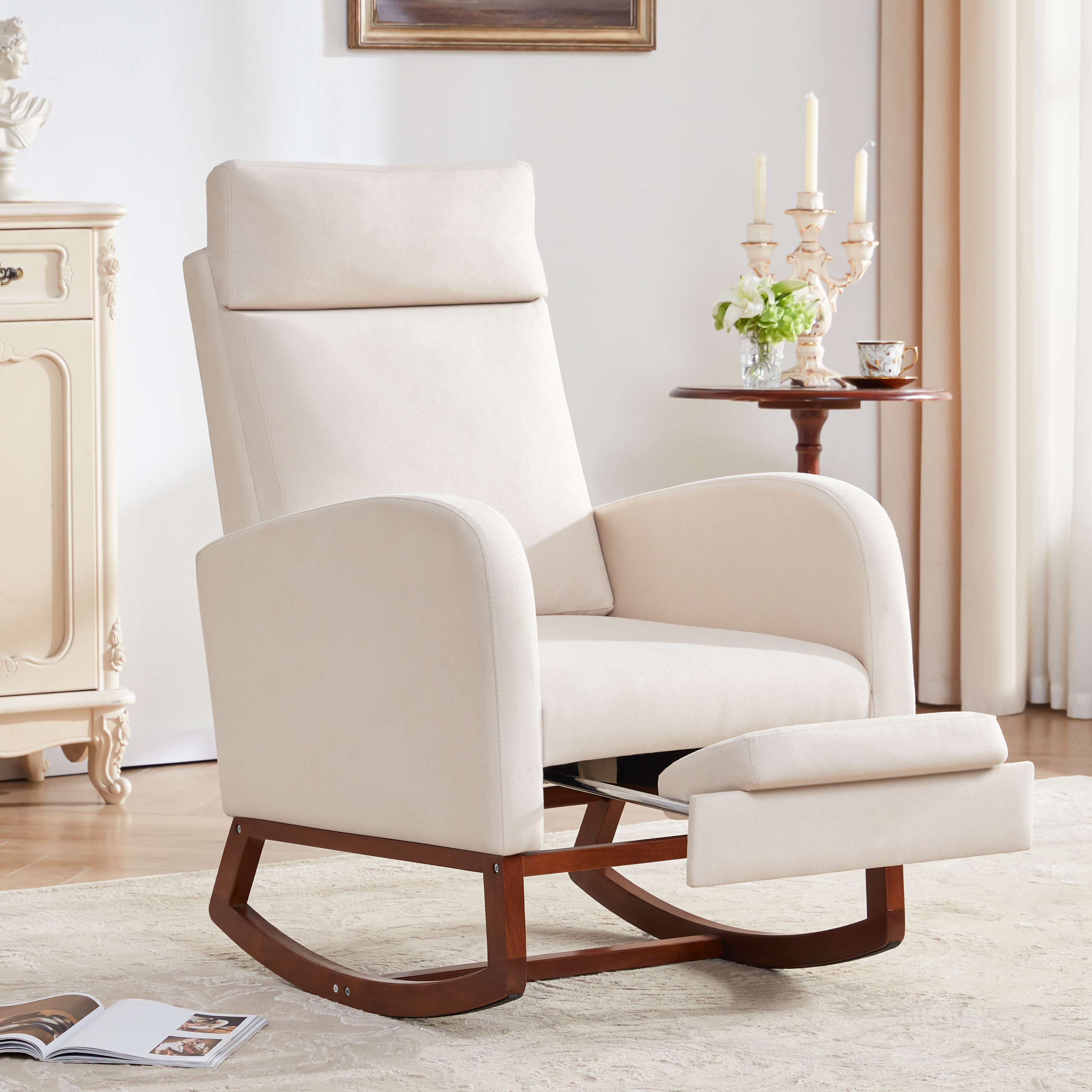 Someet Nursery Rocking Chair with Footrest , Linen Rocker Armchair with High Backrest and Pillow for Bedroom,Beige