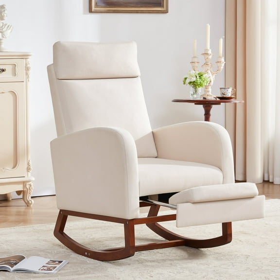 Someet Nursery Rocking Chair with Footrest , Linen Rocker Armchair with High Backrest and Pillow for Bedroom,Beige