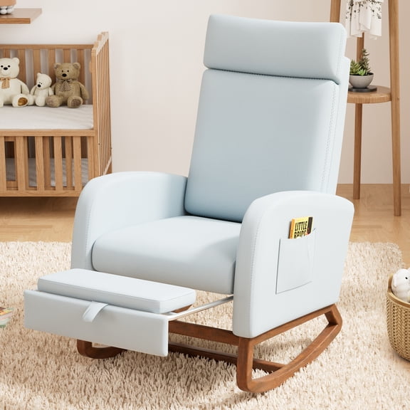 Someet Nursery Rocking Chair with Footrest, Linen Rocker Armchair with High Backrest and Pillow for Bedroom Living Room, Light Blue