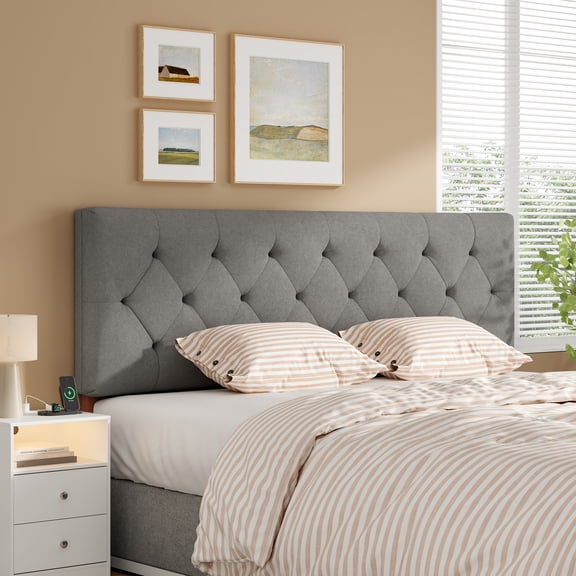 Someet Upholstered Headboard for Queen Size, Adjustable Height Headboard, Modern Diamond Tufting Solid Wood Headboard, Light Gray