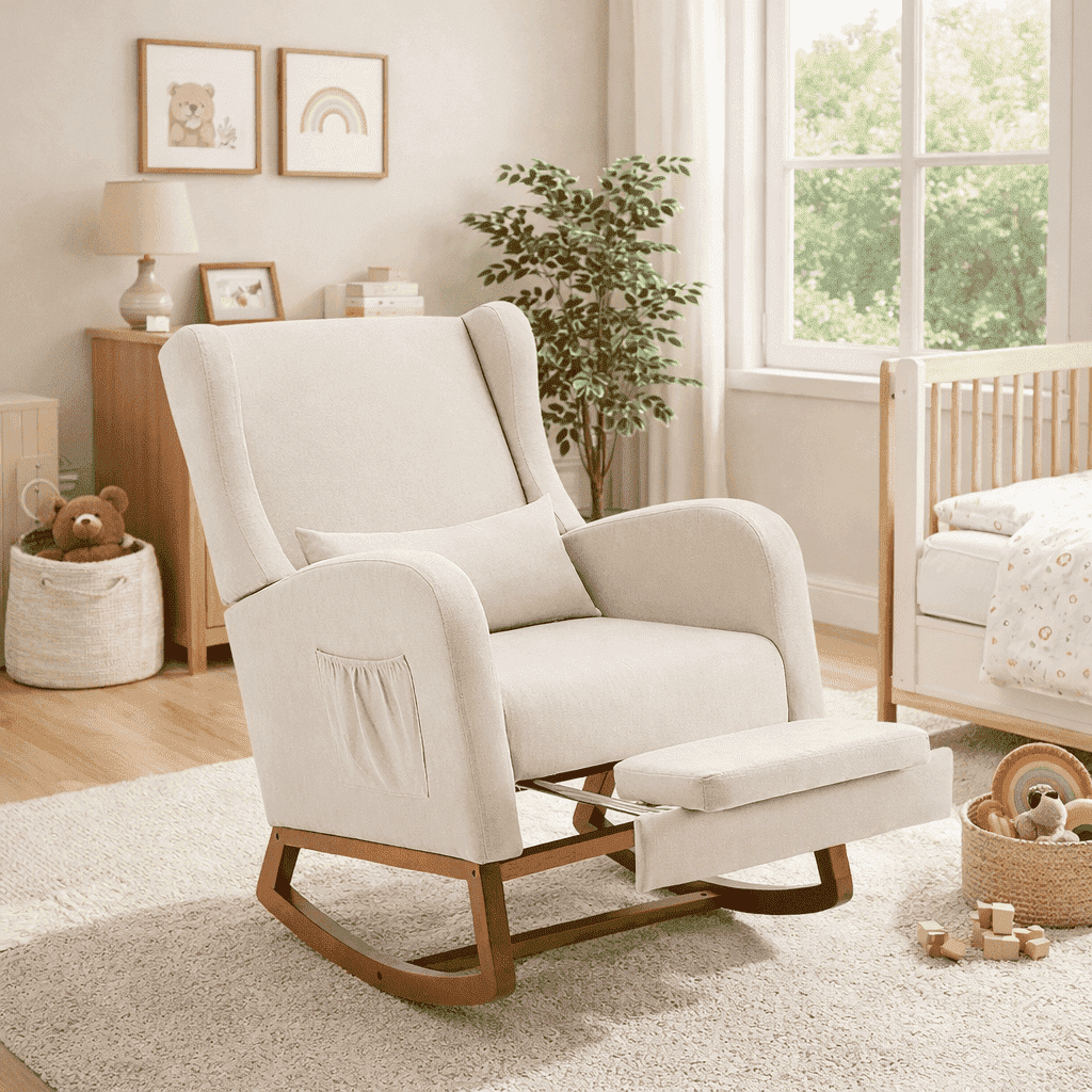 Someet Nursery Rocking Chair, Upholstered Glider Rocker Chair with Tufted Thick Backrest for Living Room, Nursery, Bedroom, Beige