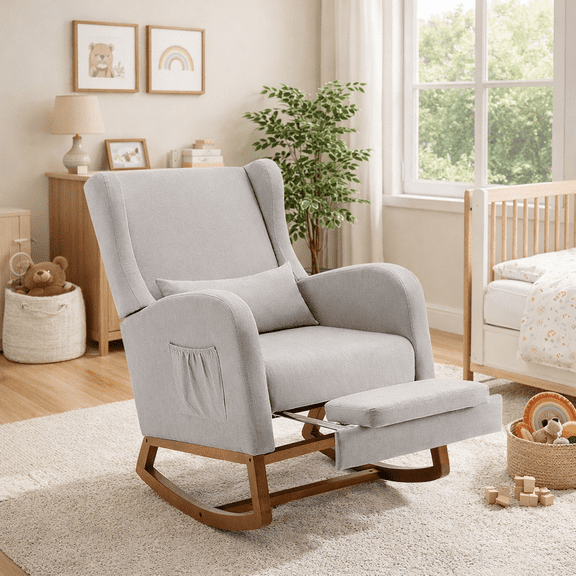 Someet Nursery Rocking Chair, Upholstered Glider Rocker Tufted Thick Backrest, Modern Rocking Accent Chairs for Living Room, Nursery, Bedroom, Gray
