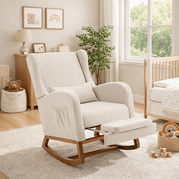 Someet Nursery Rocking Chair, Upholstered Glider Rocker Tufted Thick Backrest, Modern Rocking Accent Chairs for Living Room, Nursery, Bedroom, Beige