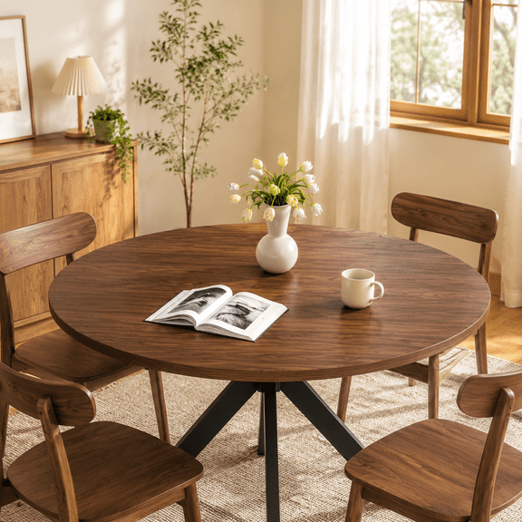 Someet Round Dining Table for 4 People, 47 inch Modern Kitchen Table with Sturdy X-Base Metal Legs, Kitchen Dinner Table for Living Room, Dining Room, Walnut