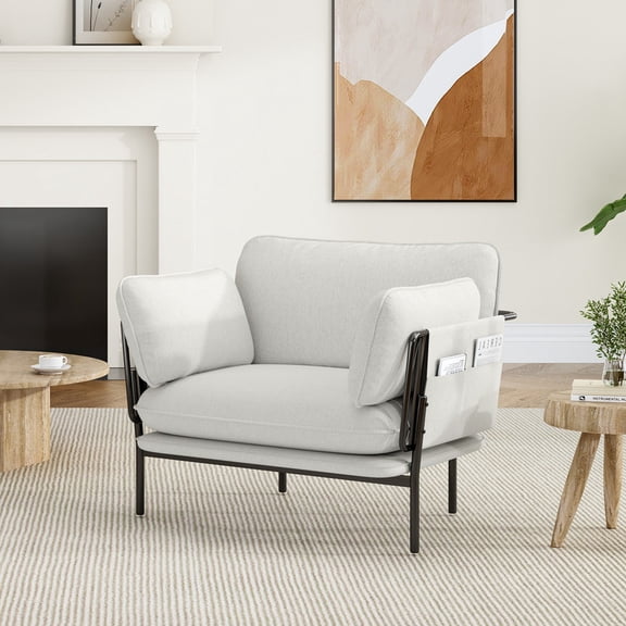 Someet Accent Chair Line Fabric Upholstered Armchair, Reading Club Chair with Three Pillow for Living Room Bedroom Furniture, White