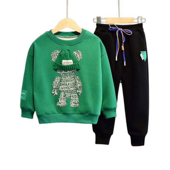 Somenie 3D Beanie Decor Sweatshirt Joggers Outfits for Boys and Girls,Toddler and Infant Crew Neck Outfit,Hoodies Clothing Set,Size 9T-10T,Green Color