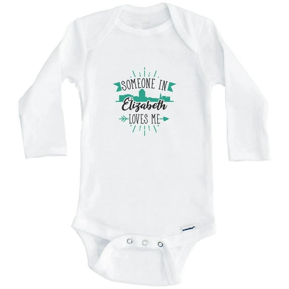 Someone In Elizabeth Loves Me Elizabeth NJ Skyline One Piece Baby Bodysuit (Long Sleeve), 0-3 Months White