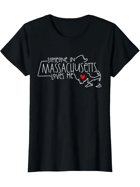 Someone In Massachusetts Loves Me Map Outline Graphic Unisex Casual Wear Gift Cotton Men's Women's Tee Shirt