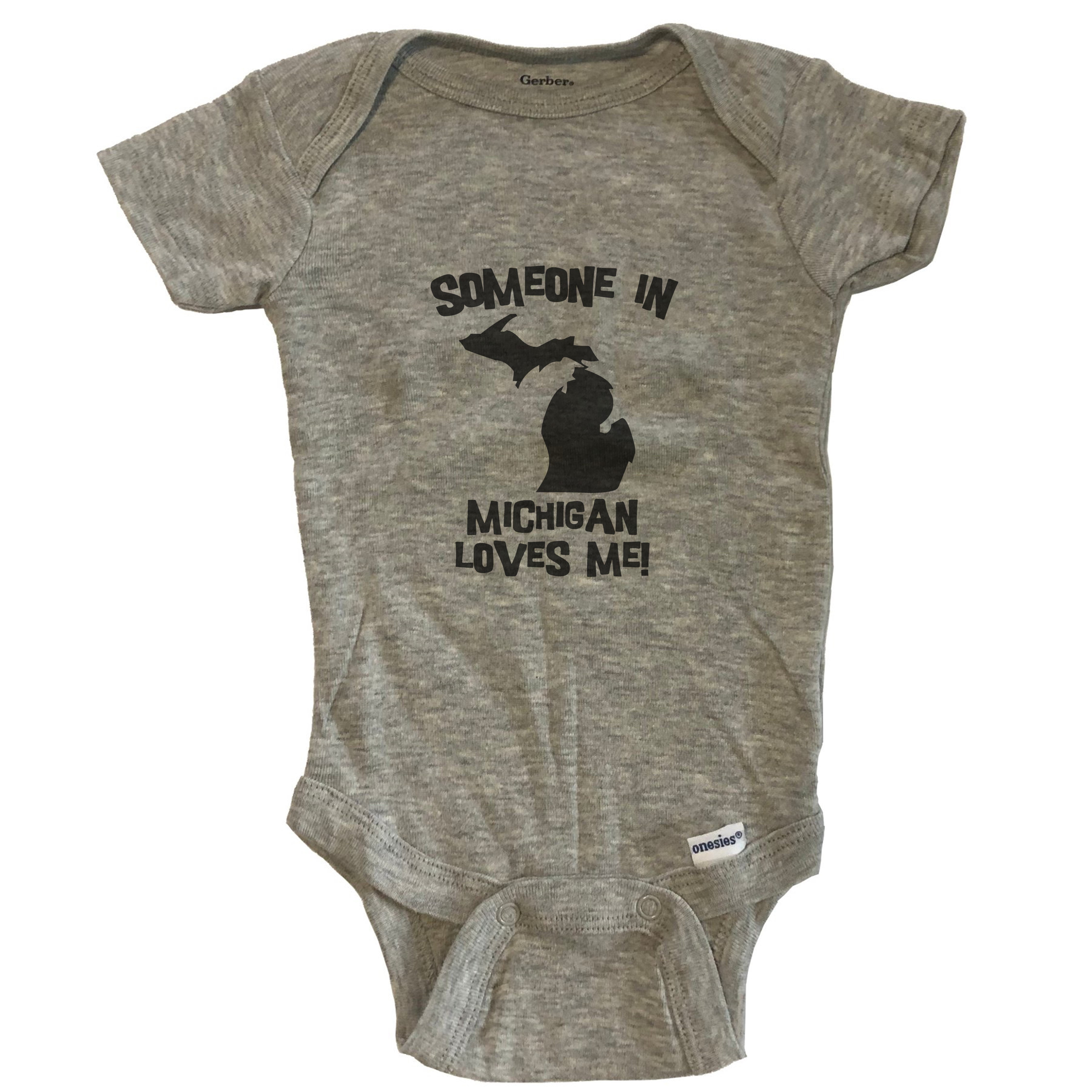 Someone In Michigan Loves Me State Silhouette Cute Baby Bodysuit - One Piece Baby Bodysuit - Grey