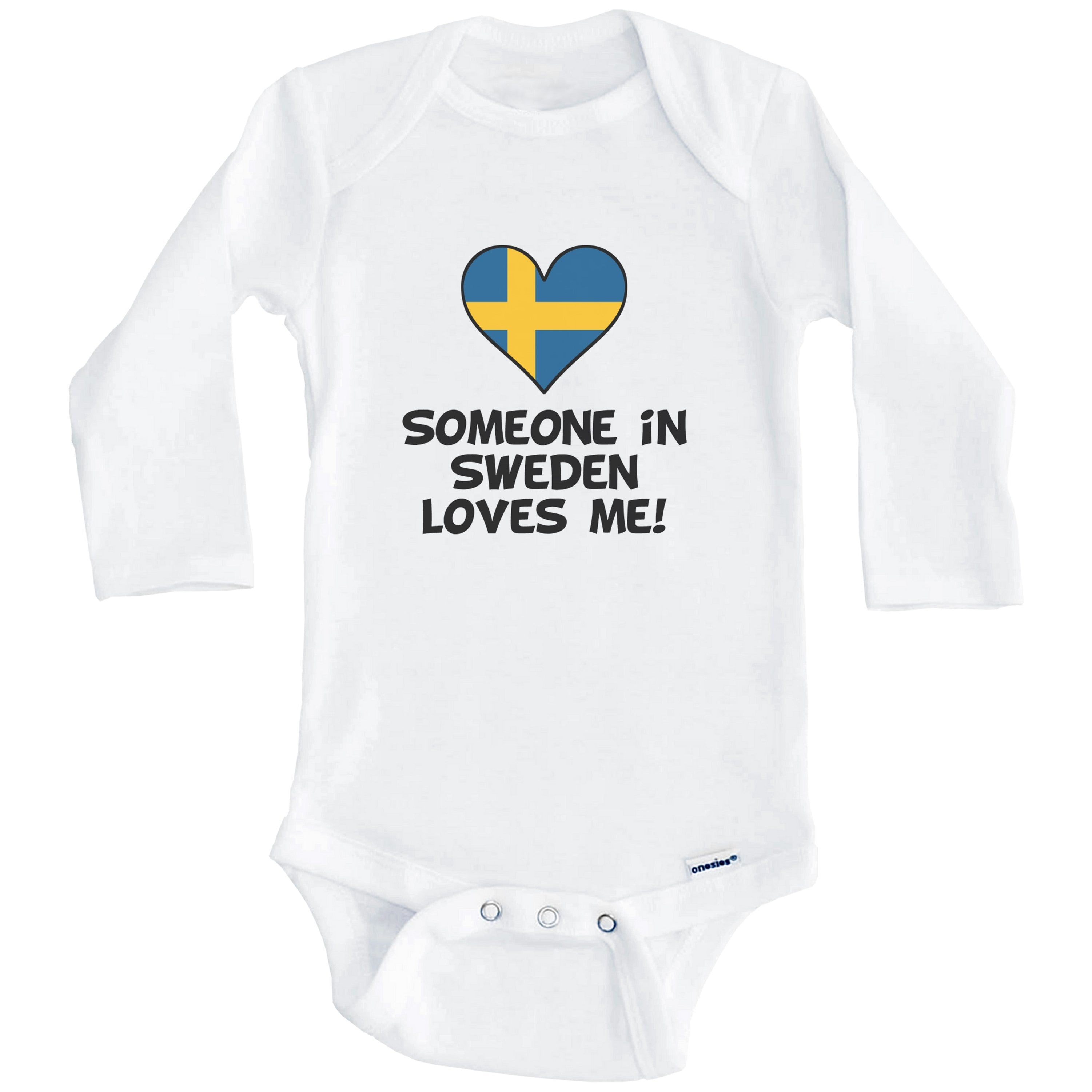 Someone In Sweden Loves Me Swedish Flag Heart One Piece Baby Bodysuit (Long Sleeve), 6-9 Months White