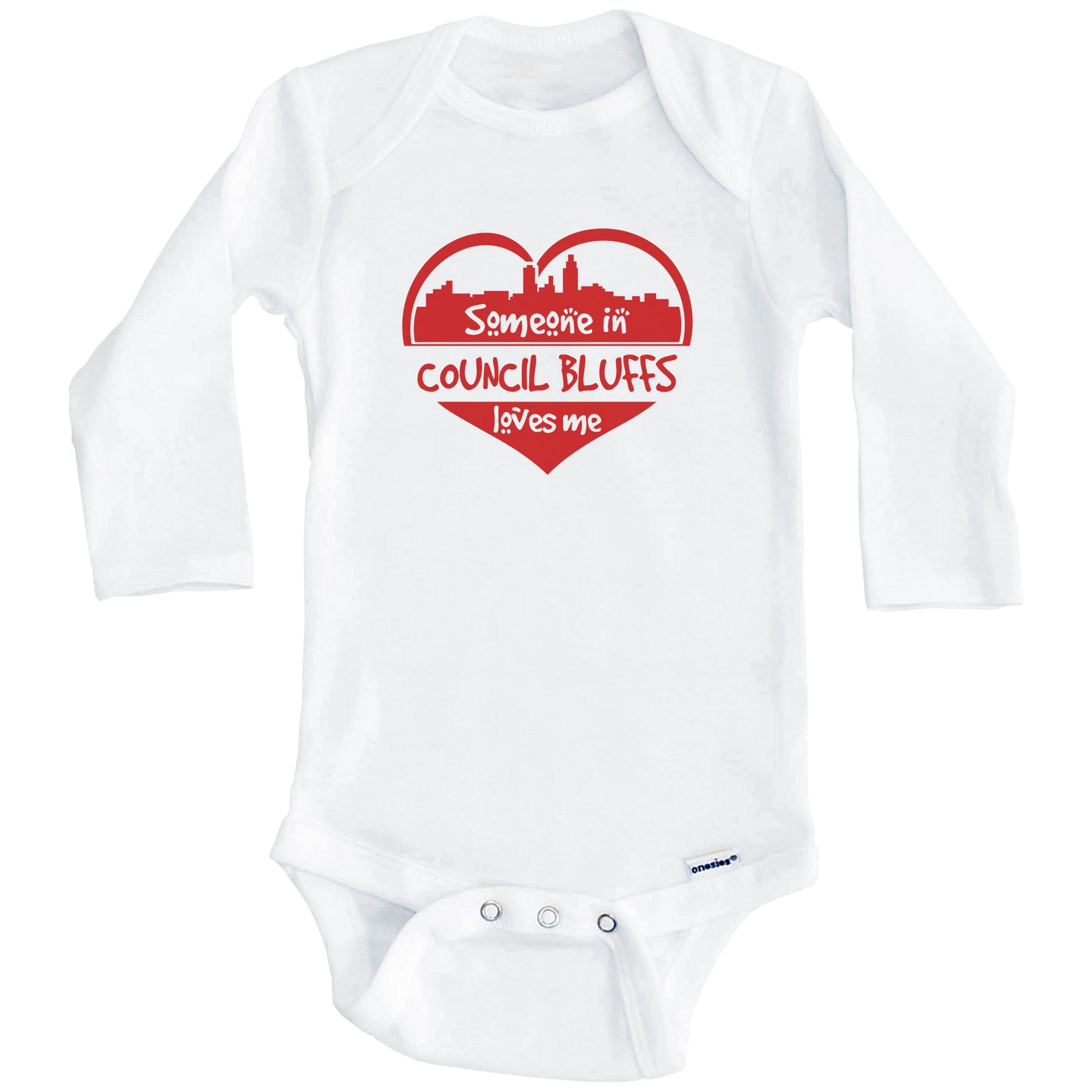 Someone in Council Bluffs Loves Me Council Bluffs Iowa Skyline Heart One Piece Baby Bodysuit (Long Sleeve), 6-9 Months White