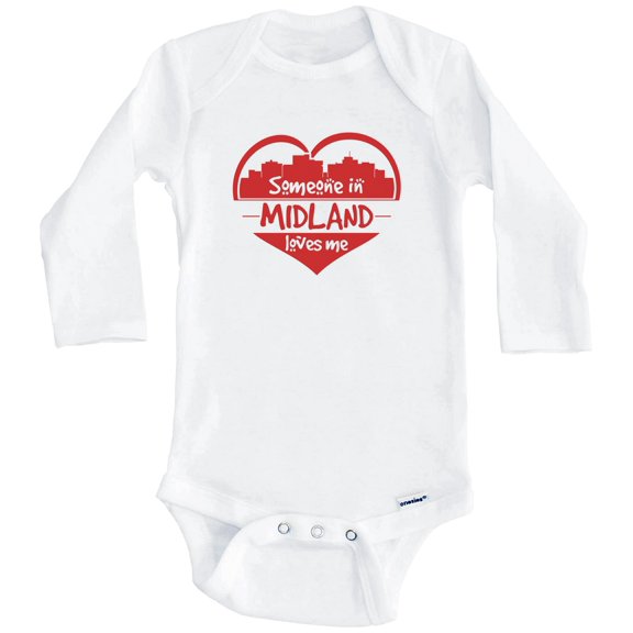 Someone in Midland Loves Me Midland Texas Skyline Heart One Piece Baby Bodysuit (Long Sleeve), 3-6 Months White