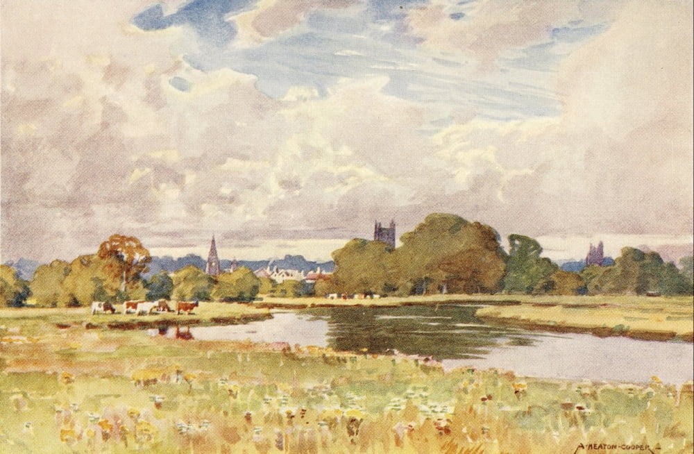 Somerset 1927 Tauntons Churches from the River Canvas Art - Alfred Heaton Cooper (18 x 24)