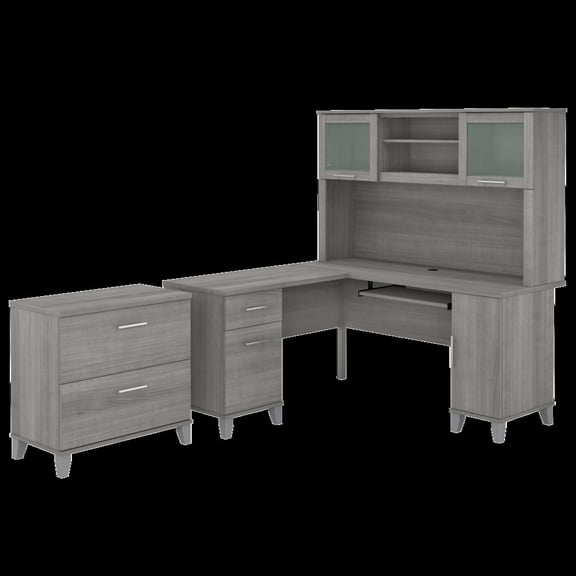 Somerset 60W L Shaped Desk with Hutch & File Cabinet in Gray - Engineered Wood