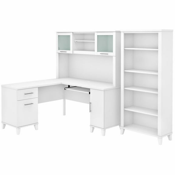 Somerset 60W L Shaped Desk with Hutch and Bookcase in White - Engineered Wood