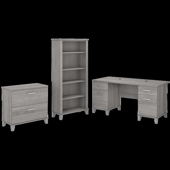 Somerset 60W Office Desk with File Cabinet & Bookcase in Gray - Engineered Wood