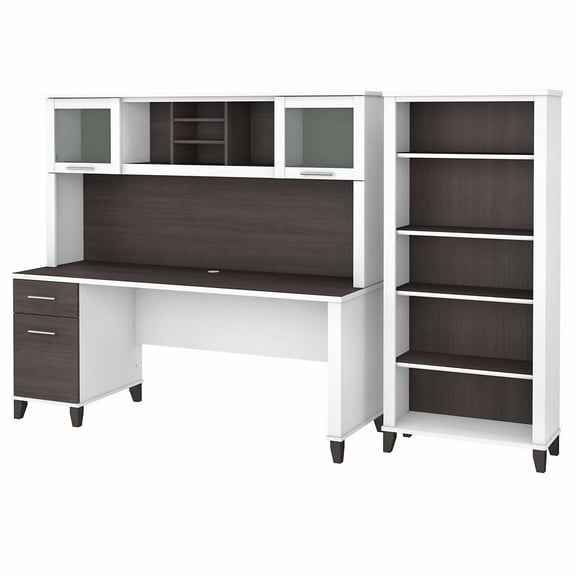 Somerset 72W Desk with Hutch and Bookcase in White/Gray - Engineered Wood