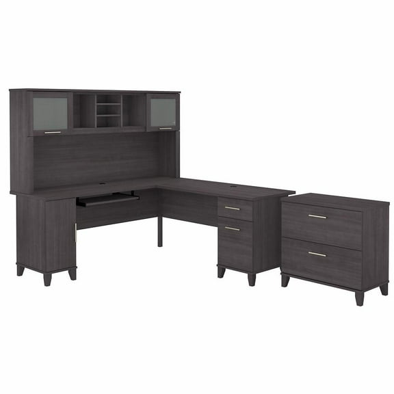 Somerset 72W L Desk with Hutch and File Cabinet in Storm Gray - Engineered Wood