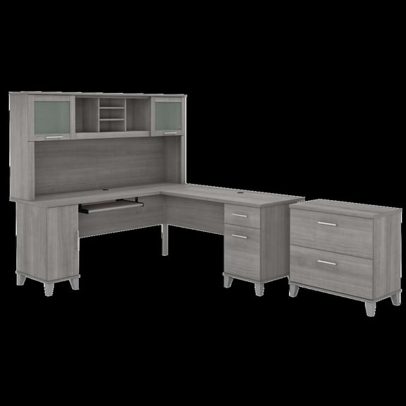 Somerset 72W L Shaped Desk with Hutch & File Cabinet in Gray - Engineered Wood