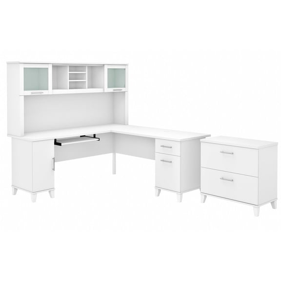 Somerset 72W L Shaped Desk with Hutch & File Cabinet in White - Engineered Wood