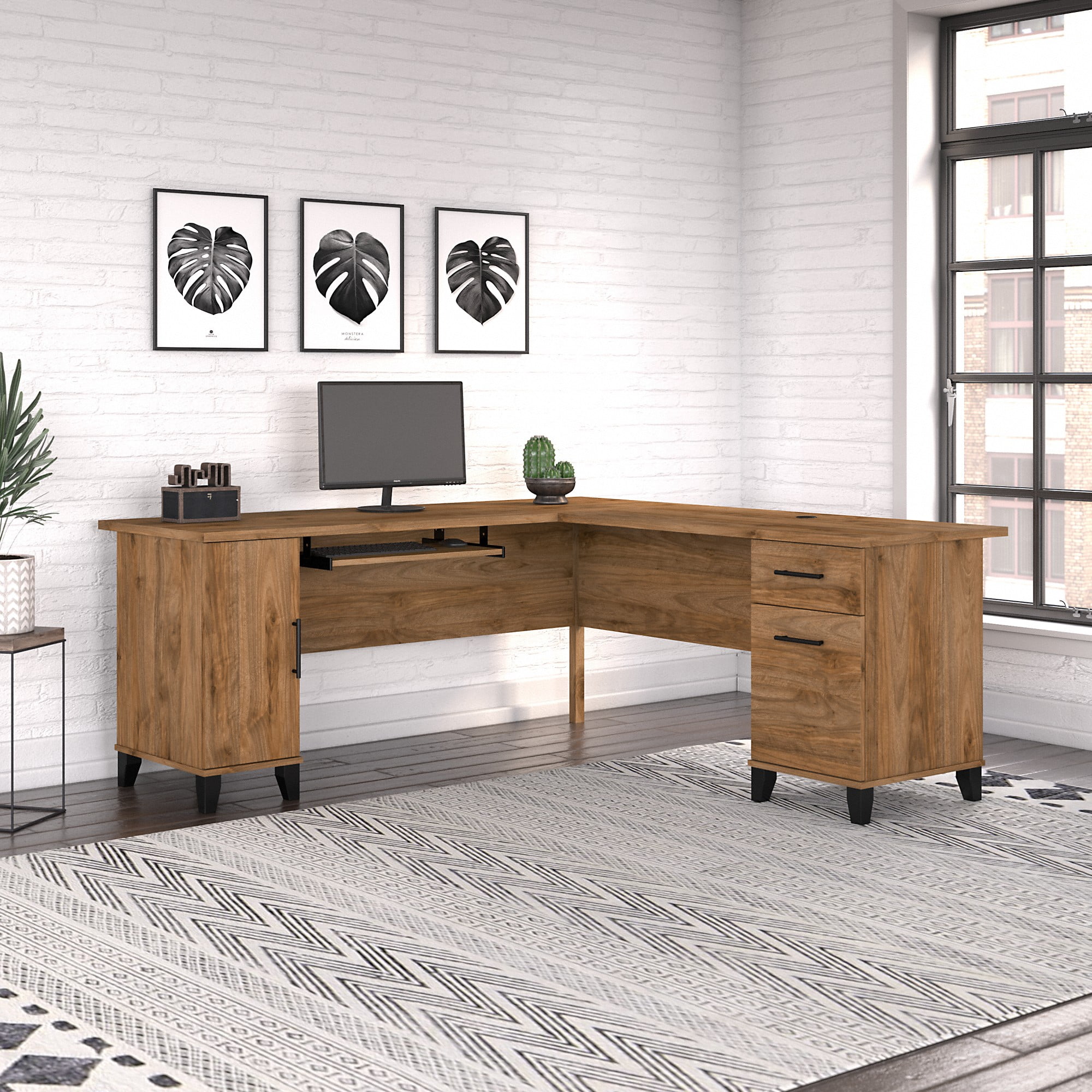 Somerset 72W L Shaped Desk with Storage in Fresh Walnut - Engineered Wood
