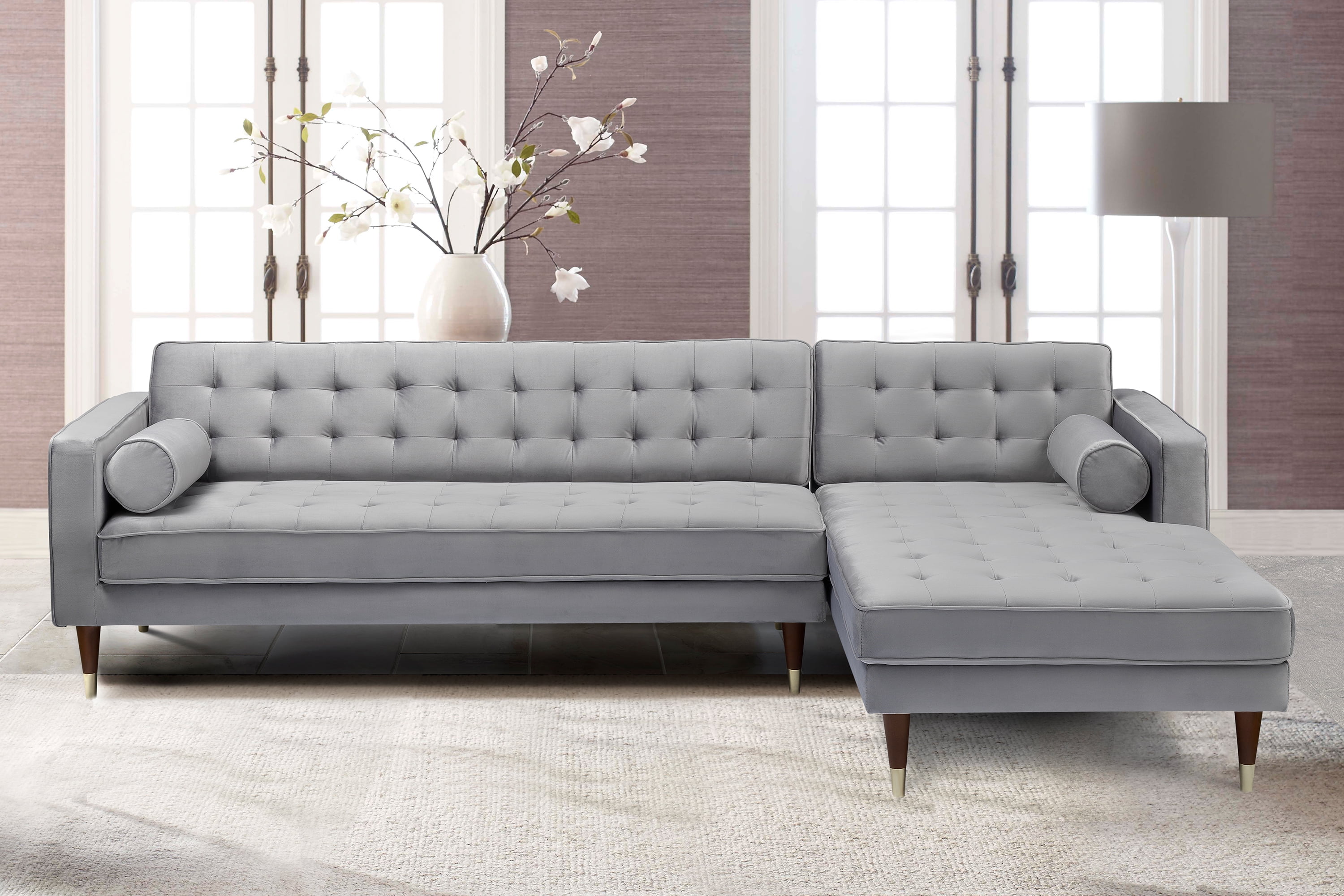 Somerset Grey Velvet Mid Century Right Sectional Sofa