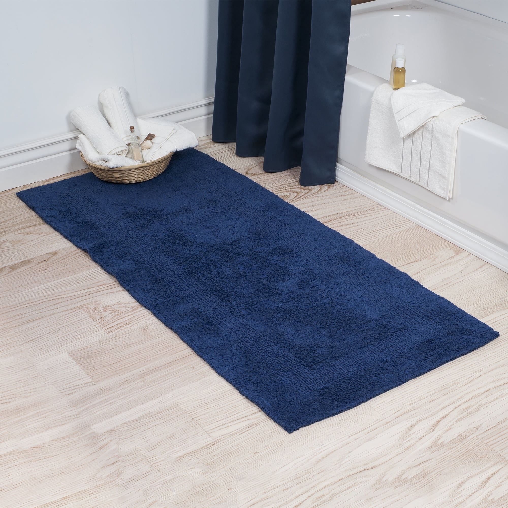 Lavish Home 60x24-Inch Machine Washable Cotton Bath Mat (Navy)
