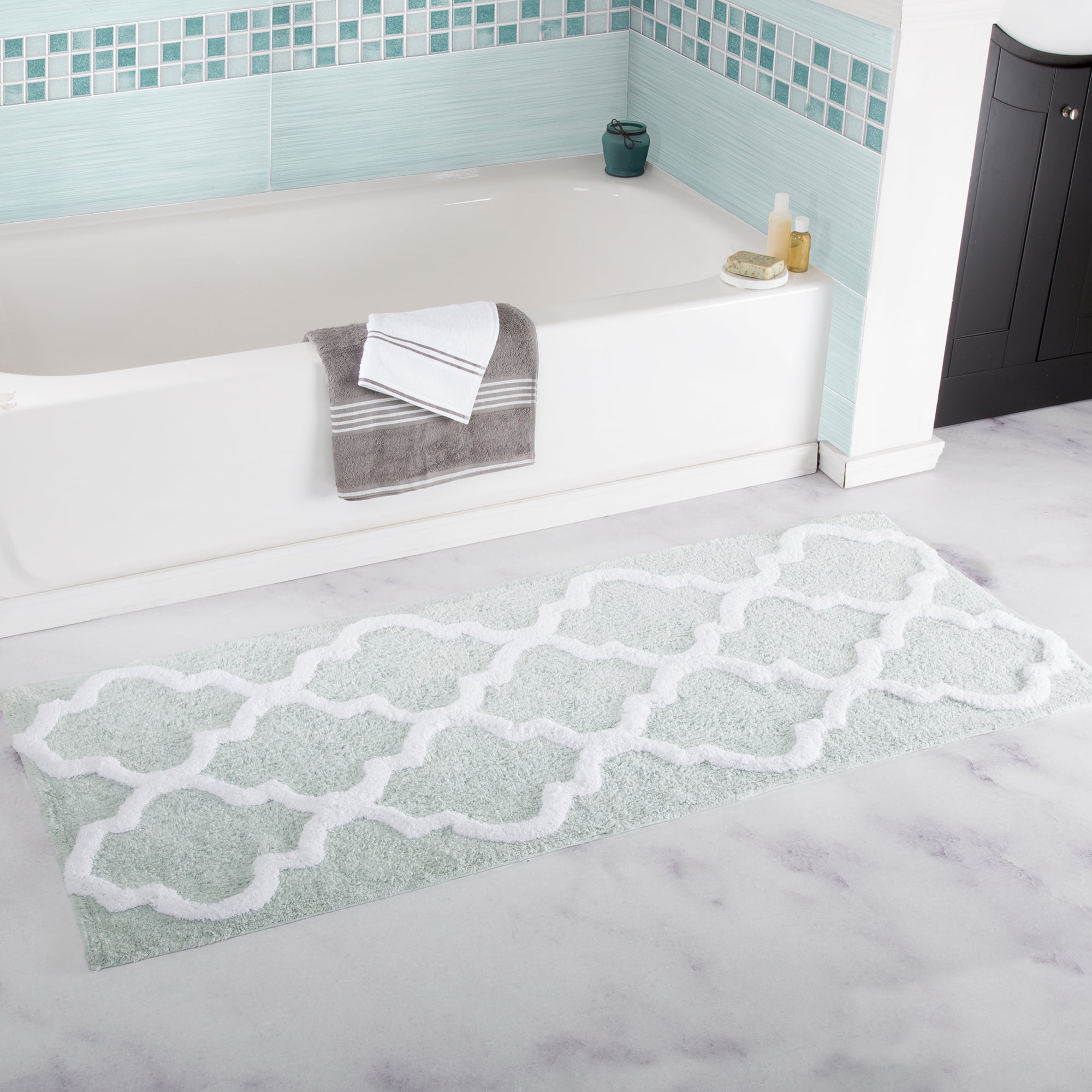 Somerset Home 100% Cotton Trellis Bathroom Mat - 24x60 inches - Seafoam