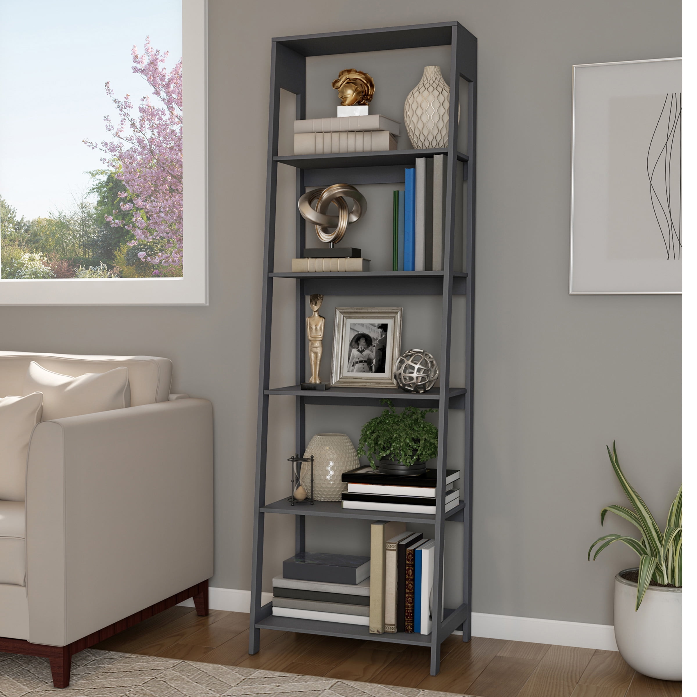Lavish Home 5-Tier Ladder Bookshelf, Leaning Decorative Shelves for Display - Wood Shelf for Living Room, Bathroom, and Kitchen Storage, Gray