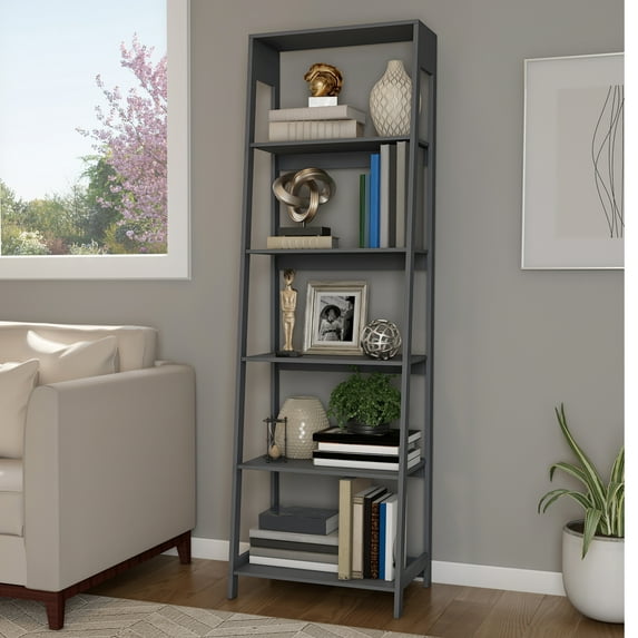 Lavish Home 5-Tier Ladder Bookshelf, Leaning Decorative Shelves for Display - Wood Shelf for Living Room, Bathroom, and Kitchen Storage, Gray