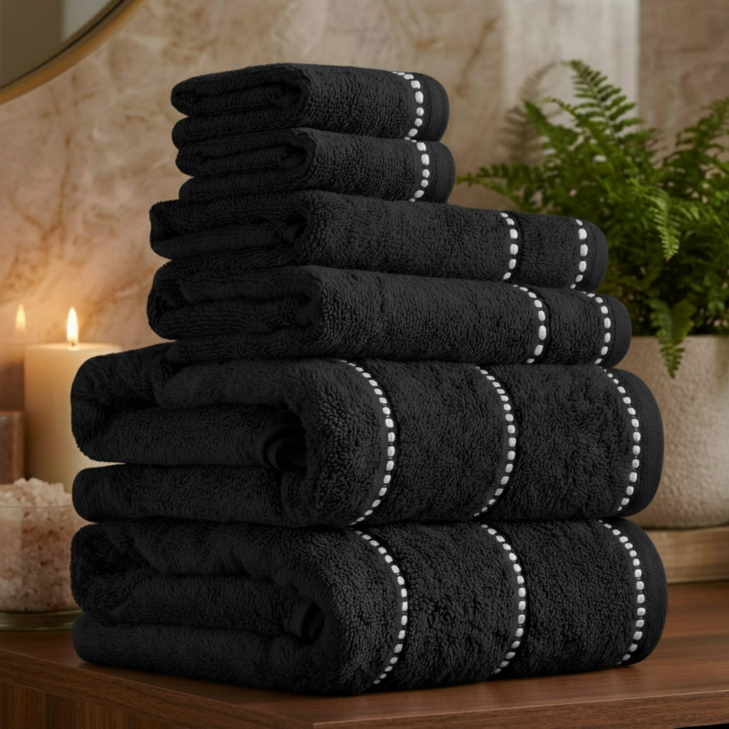 6-Piece Quick Dry Bath Towels Set - 100% Cotton Towel Set for Bath, Gym, and Spa (Black)