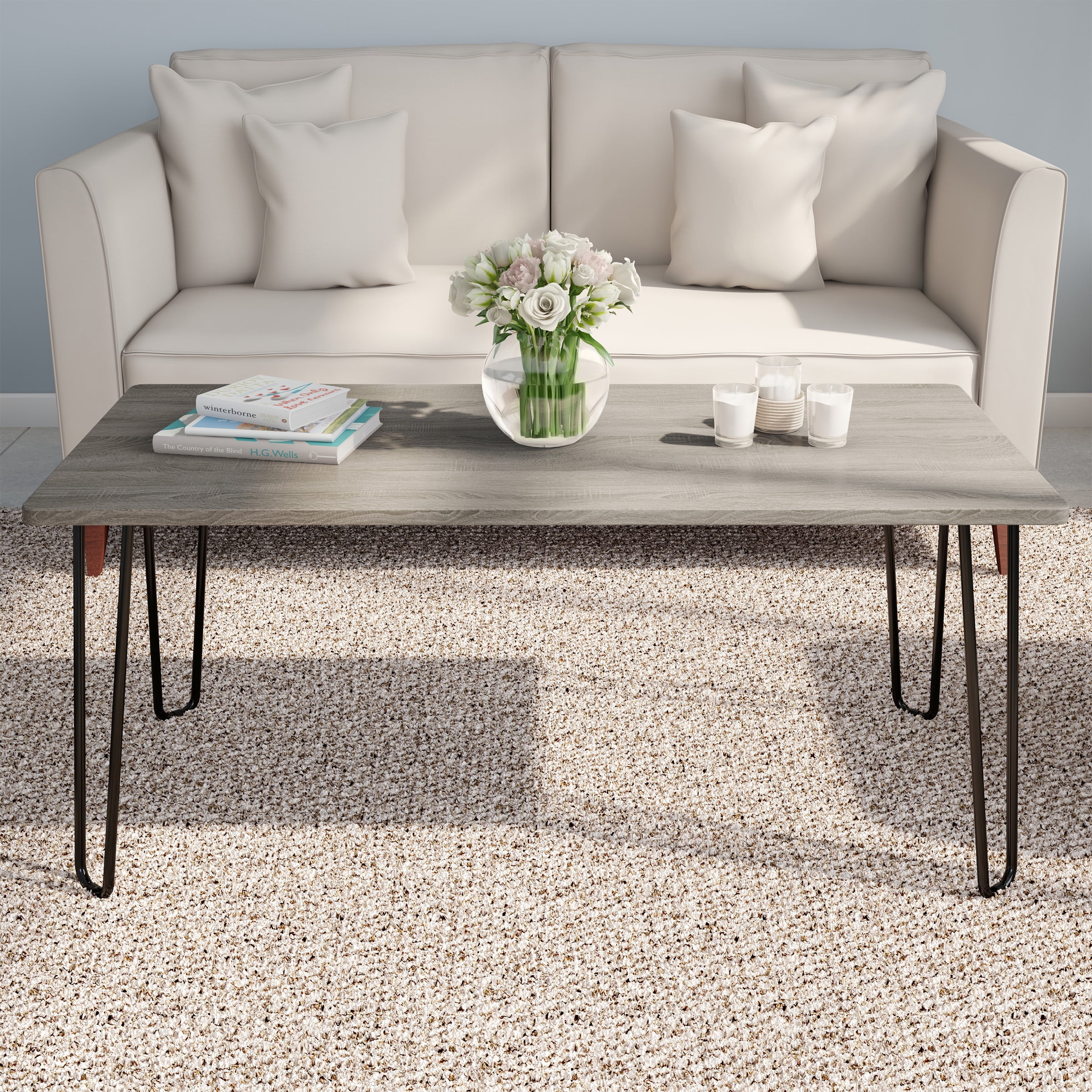 Lavish Home Coffee Table with Hairpin Legs, Modern Industrial Style Home Décor, Woodgrain-Look and Steel Accent Living Room Furniture, Gray