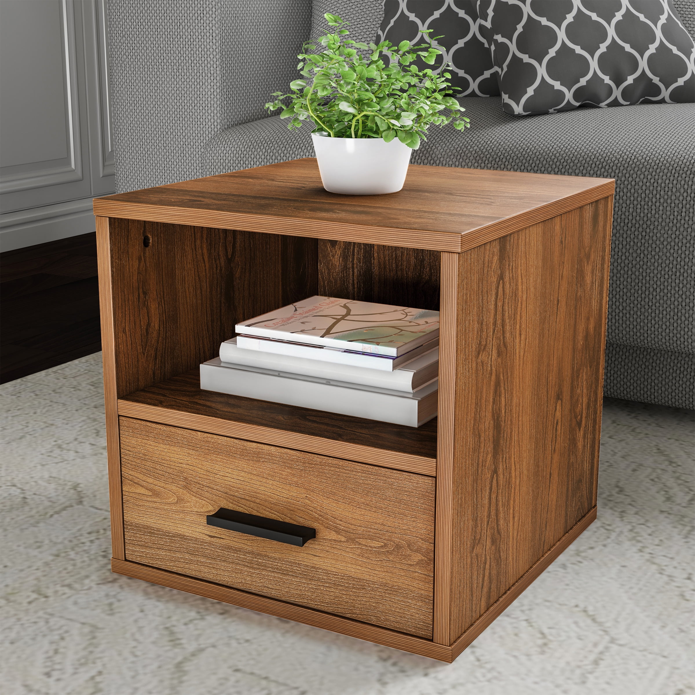 Lavish Home Side Table with Storage, Minimalist Modern Nightstand or ...